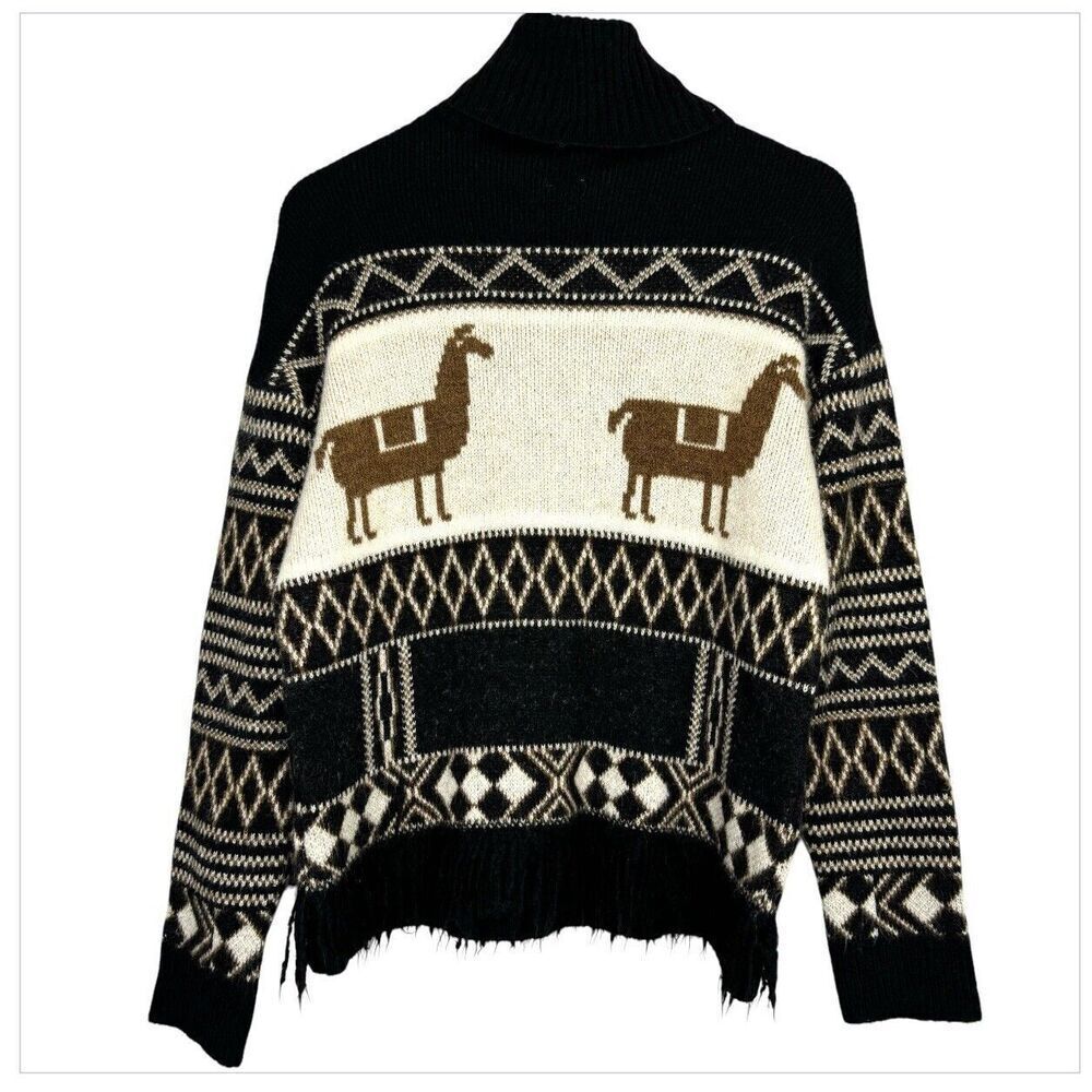 Zara Girls Alpaca Llama Western Print Cowl Neck Knit Sweater Fringed 13 14 Years - Picture 3 of 7